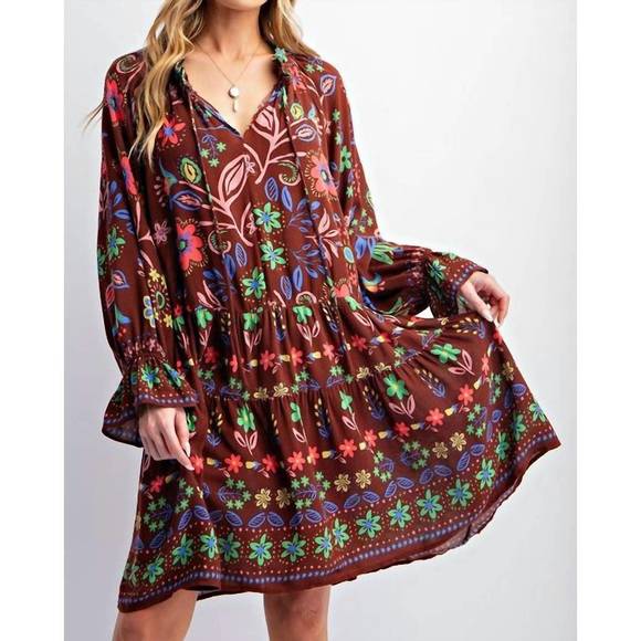 NEW EASEL floral printed gauze midi dress - plus in chocolate - Picture 1 of 5
